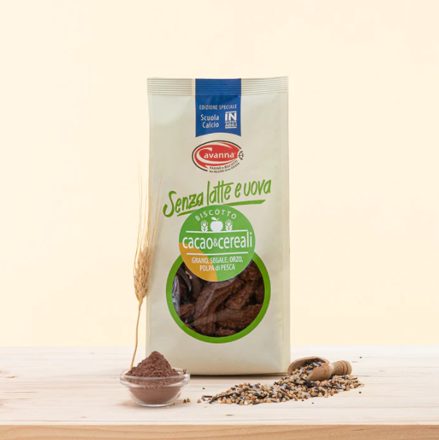 Biscotti senza latte e senza uova con farina di grano tenero tipo 1, polpa di pesca e cacao amaro.