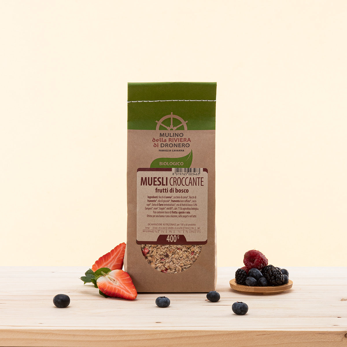 Muesli croccante ai Frutti di Bosco BIO, muesli biologico con fiocchi di avena e frutti di bosco.