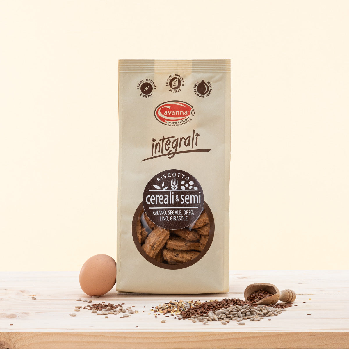 Biscotti integrali con mix di cereali, semi di lino e girasole biologici. Ad alto contenuto di fibre.