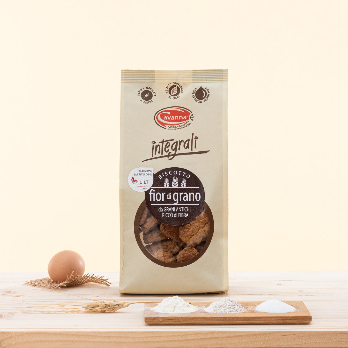 Biscotti con farina di grano tenero integrale altamente digeribile e con alto contenuto di fibre.