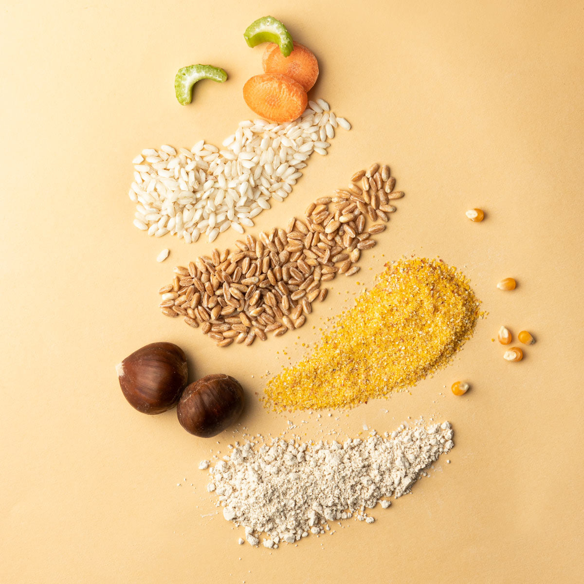 Ingredienti stagionali per ricette autunnali e invernali: riso carnaroli, farro perlato, farine di castagne e farina per polenta.