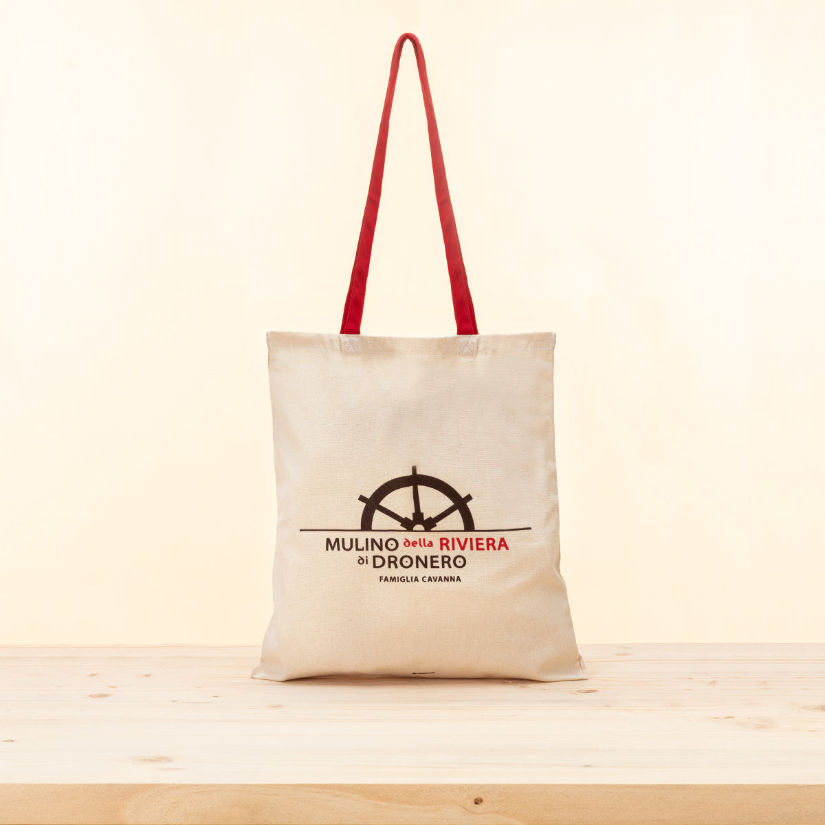 Borsa ecologica 100% cotone color avorio con manici rossi, idea regalo Valle Maira