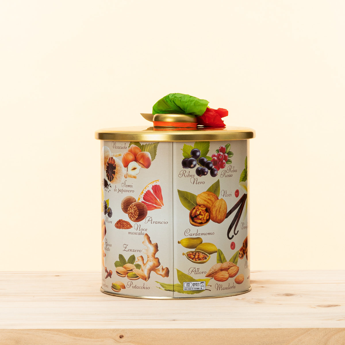 Biscottiera Anti Umidità Vaniglia, una biscottiera in latta con sali antiumidità e decorazione botanica.